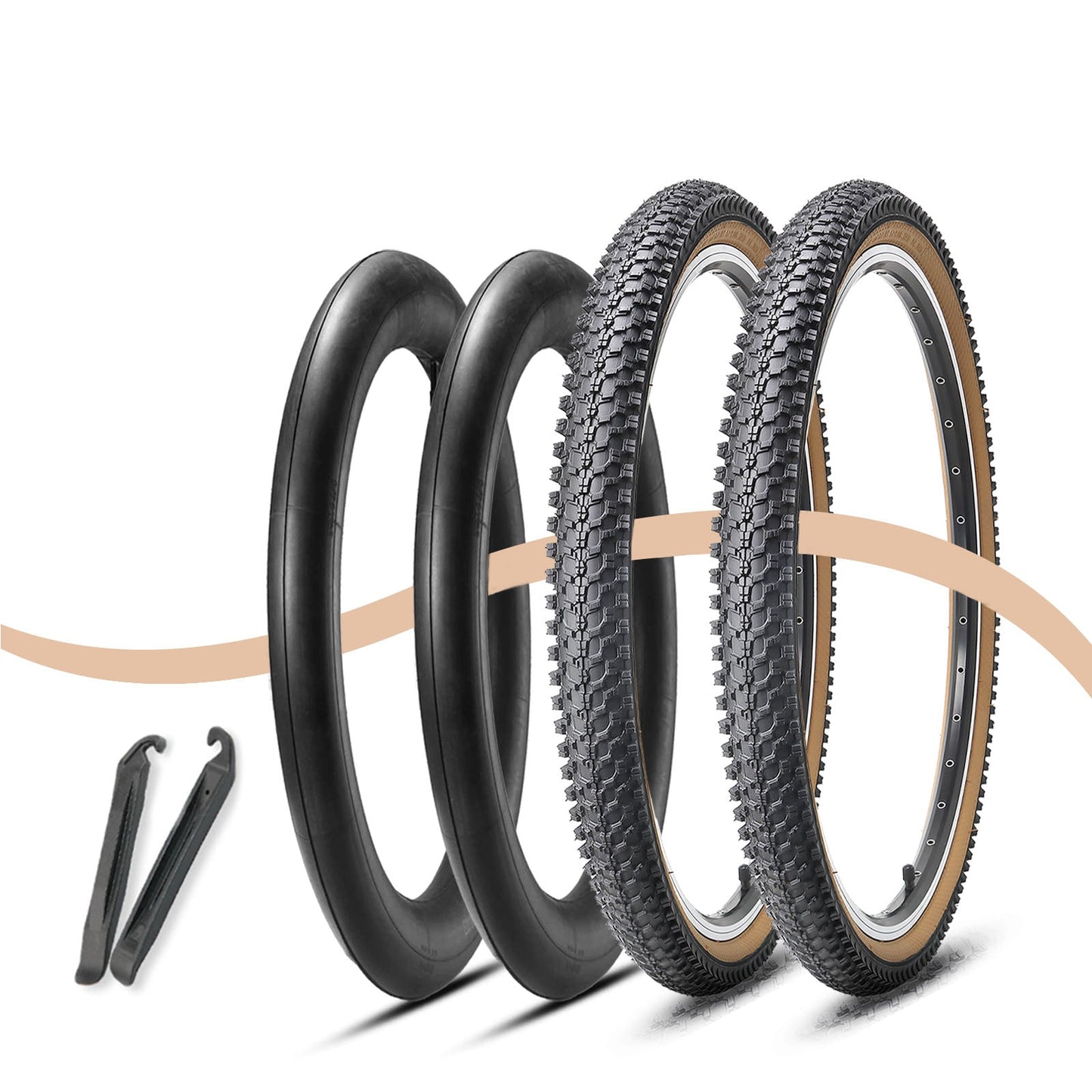 Hycline CrossBand Brown Wall 26x1.95 mountain bike tire with tubes, durable rubber tread, and sidewall detail in a 2-pack.