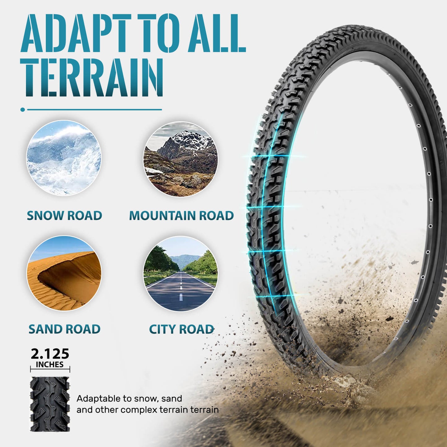 Hycline Ravine Trail mountain bike tire 26x2.125-inch with black tread and sidewalls, suitable for trail riding and rugged terrain.