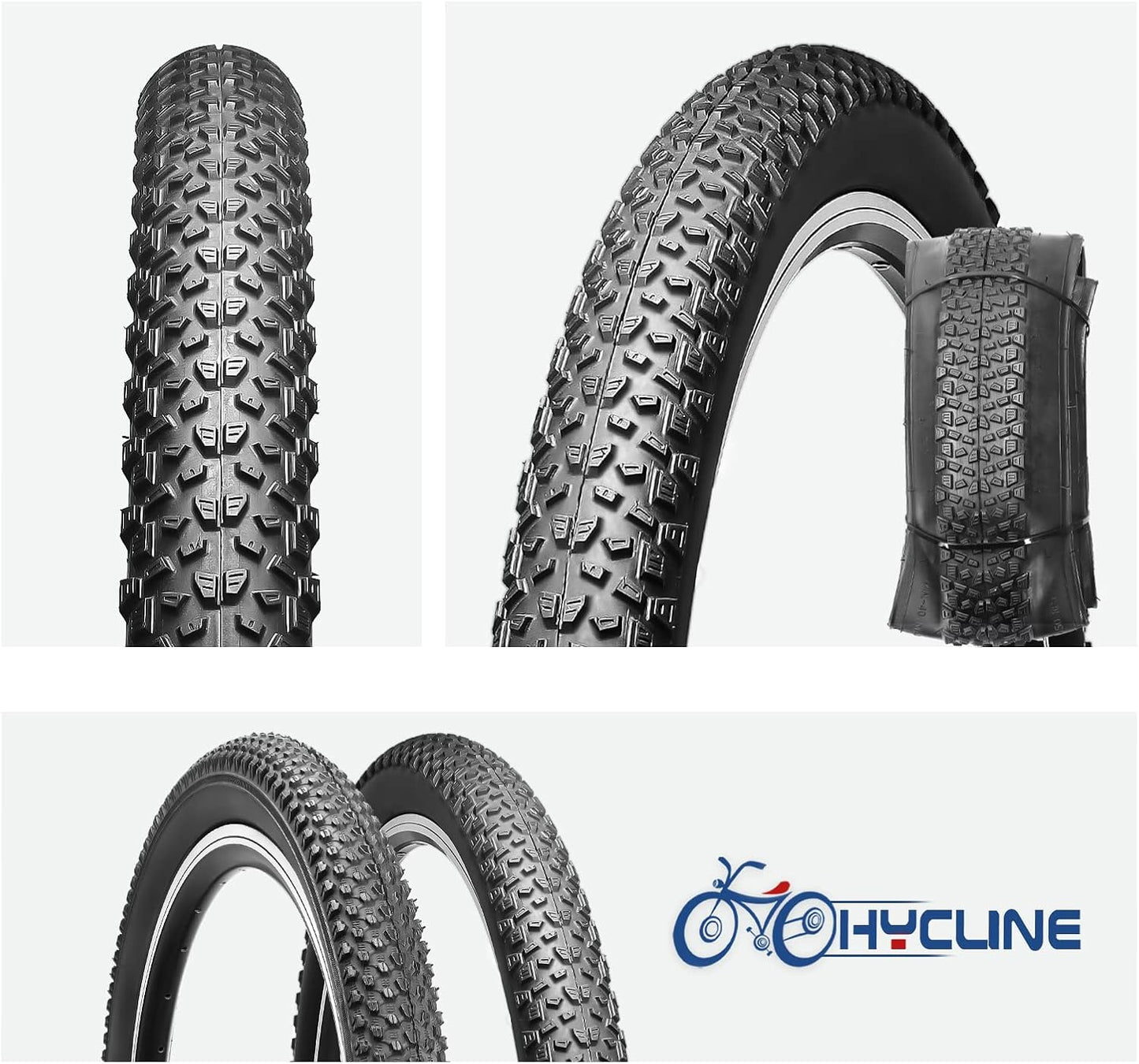 Hycline mountain bike tire 27.5"×2.125" with black rubber tread and sidewalls, suitable for off-road cycling.