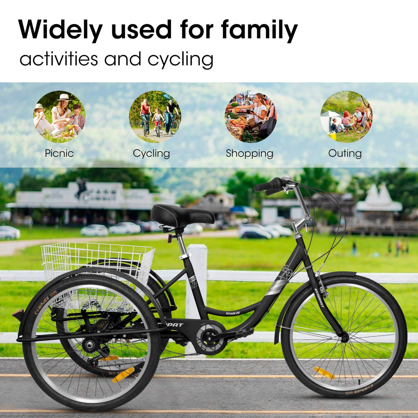 Black Hycline Ecarpat 24-inch adult tricycle with 7-speed gear shift, featuring a sturdy frame and comfortable seating.