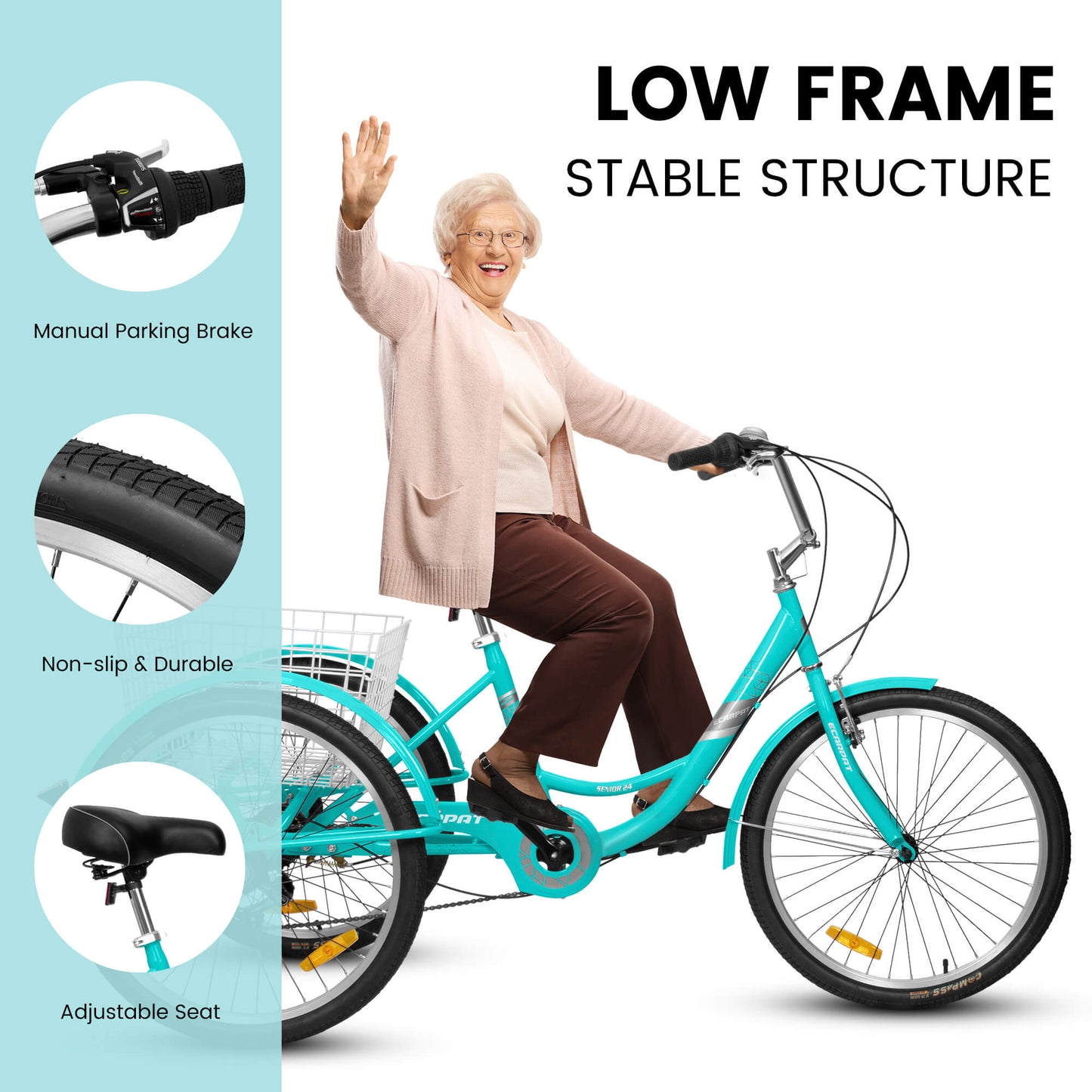 Black Hycline Ecarpat 24-inch adult tricycle with 7-speed shift, featuring a sturdy frame and three-wheel design for stability.