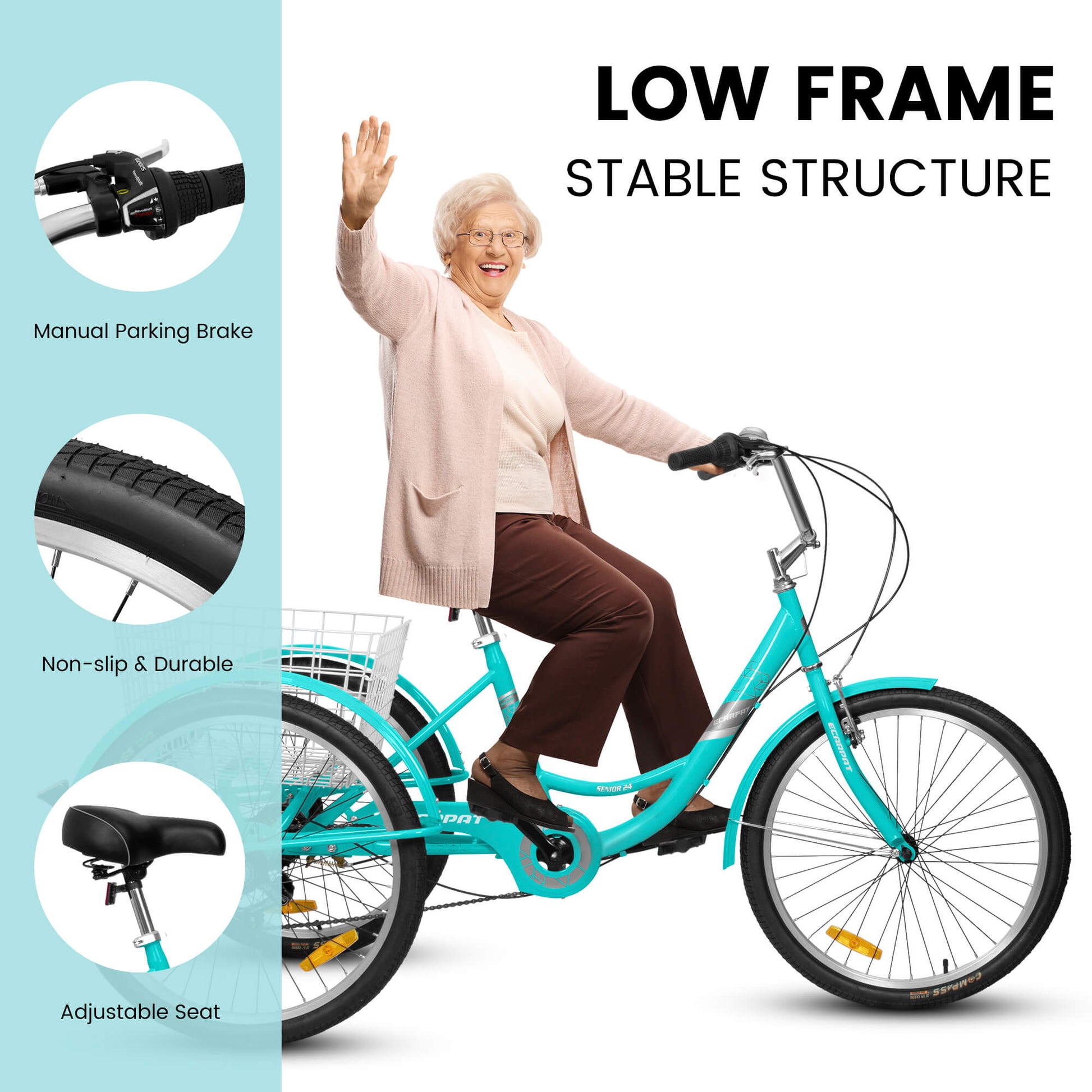 Black Hycline Ecarpat 24-inch adult tricycle with 7-speed shift, featuring a sturdy frame and three-wheel design for stability.