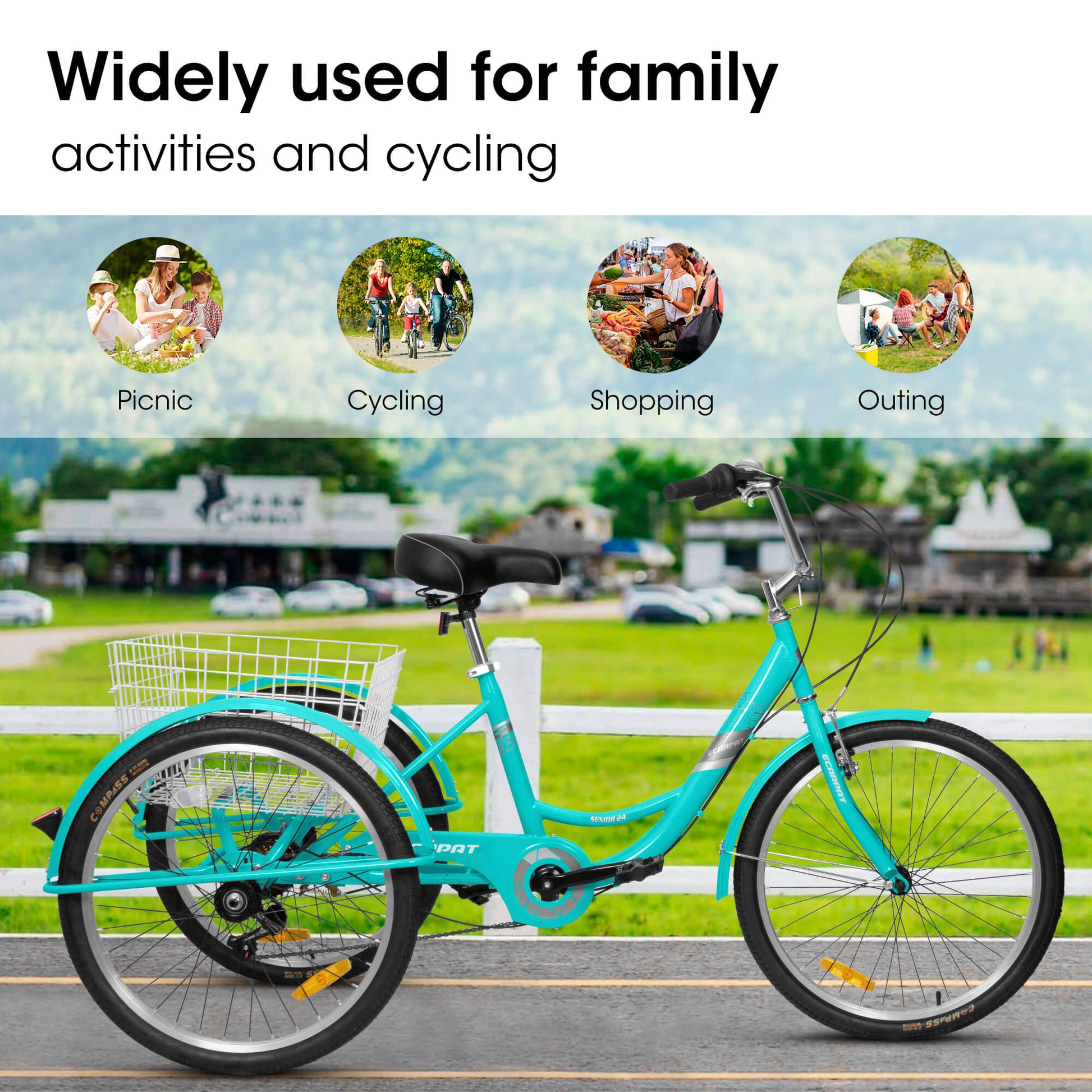 Black Hycline Ecarpat 24-inch adult tricycle with 7-speed gear shift, three-wheeled bicycle for comfortable riding.