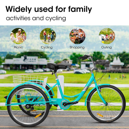 Black Hycline Ecarpat 24-inch adult tricycle with 7-speed gear shift, three-wheeled bicycle for comfortable riding.