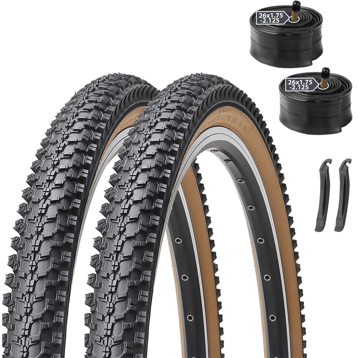 Hycline CrossBand brown mountain bike tire 26x1.95 mounted on a bike wheel with rugged tread pattern.