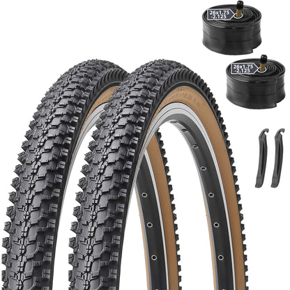 Hycline CrossBand brown mountain bike tire 26x1.95 mounted on a bike wheel with rugged tread pattern.