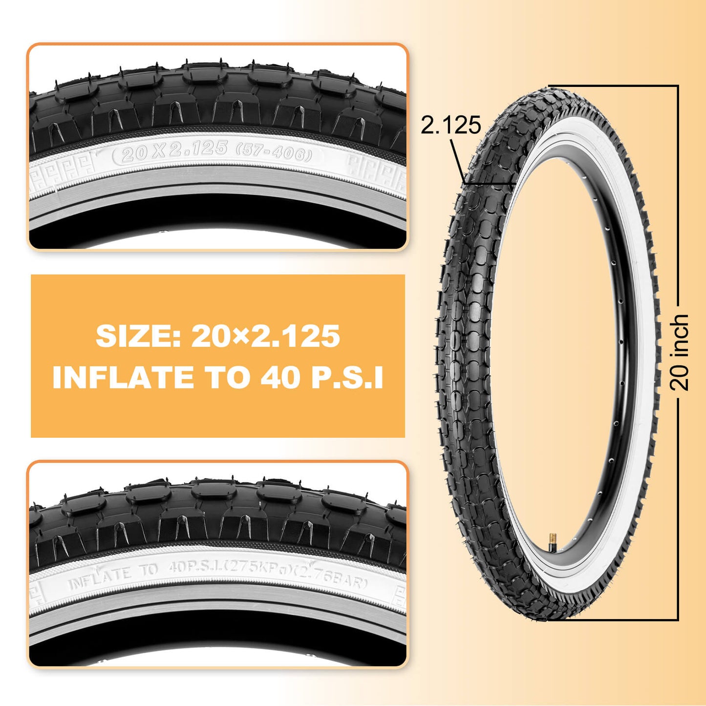 Hycline Dotree bicycle tire in 16×2.125 or 20×2.125 size mounted on a rim, showing tread pattern and sidewall details.