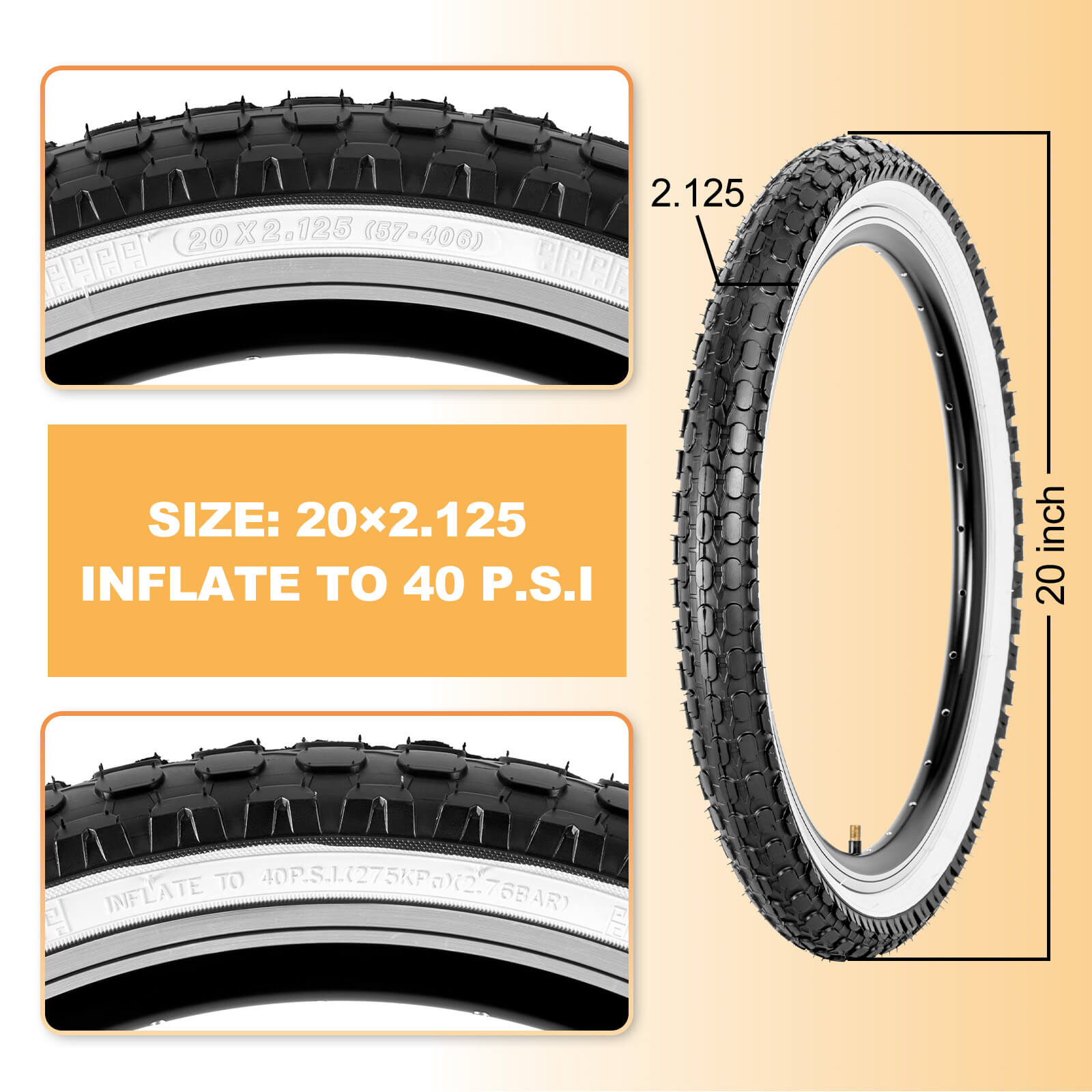 Hycline Dotree bicycle tire in 16×2.125 or 20×2.125 size mounted on a rim, showing tread pattern and sidewall details.