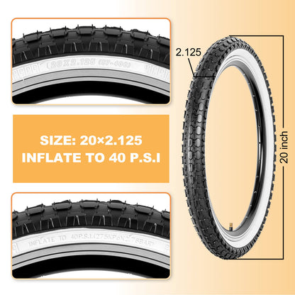 Hycline Dotree bicycle tire in 16×2.125 or 20×2.125 size mounted on a rim, showing tread pattern and sidewall details.