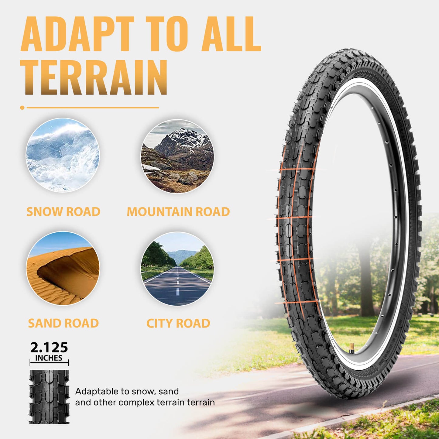 Hycline Dotree bicycle tire 16×2.125 or 20x2.125 with rugged terrain tread for mountain biking and off-road riding.