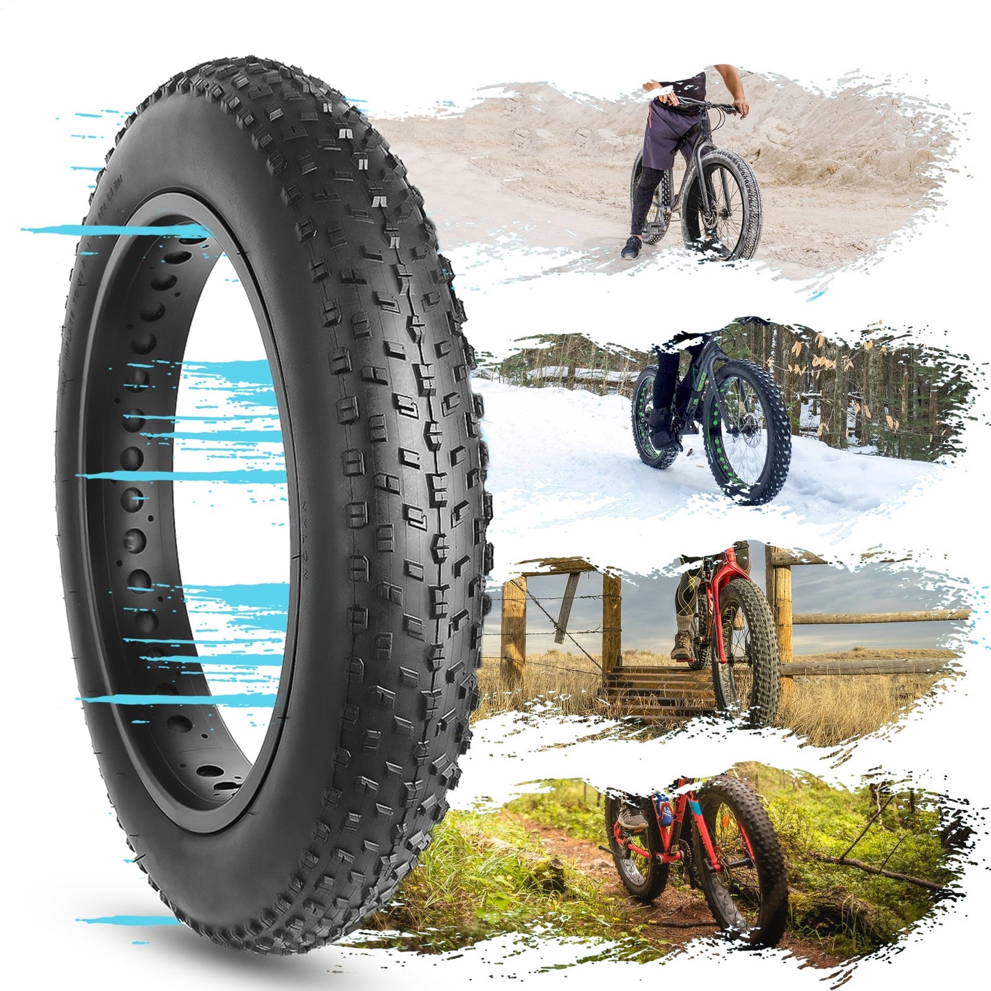 Hycline Raider fat bike tire designed for all terrains, showcasing its rugged tread and durable construction for e-bike and fat bike rides.