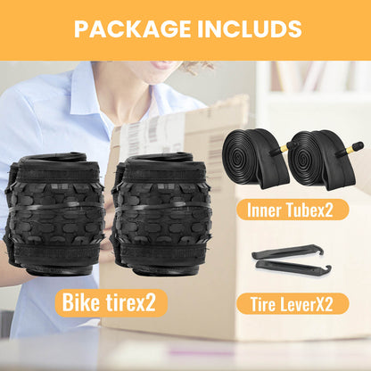 Hycline Dotree 16x2.125 and 20x2.125 bicycle tires with tubes, suitable for kids' bikes, shown with detailed tread and sidewall.