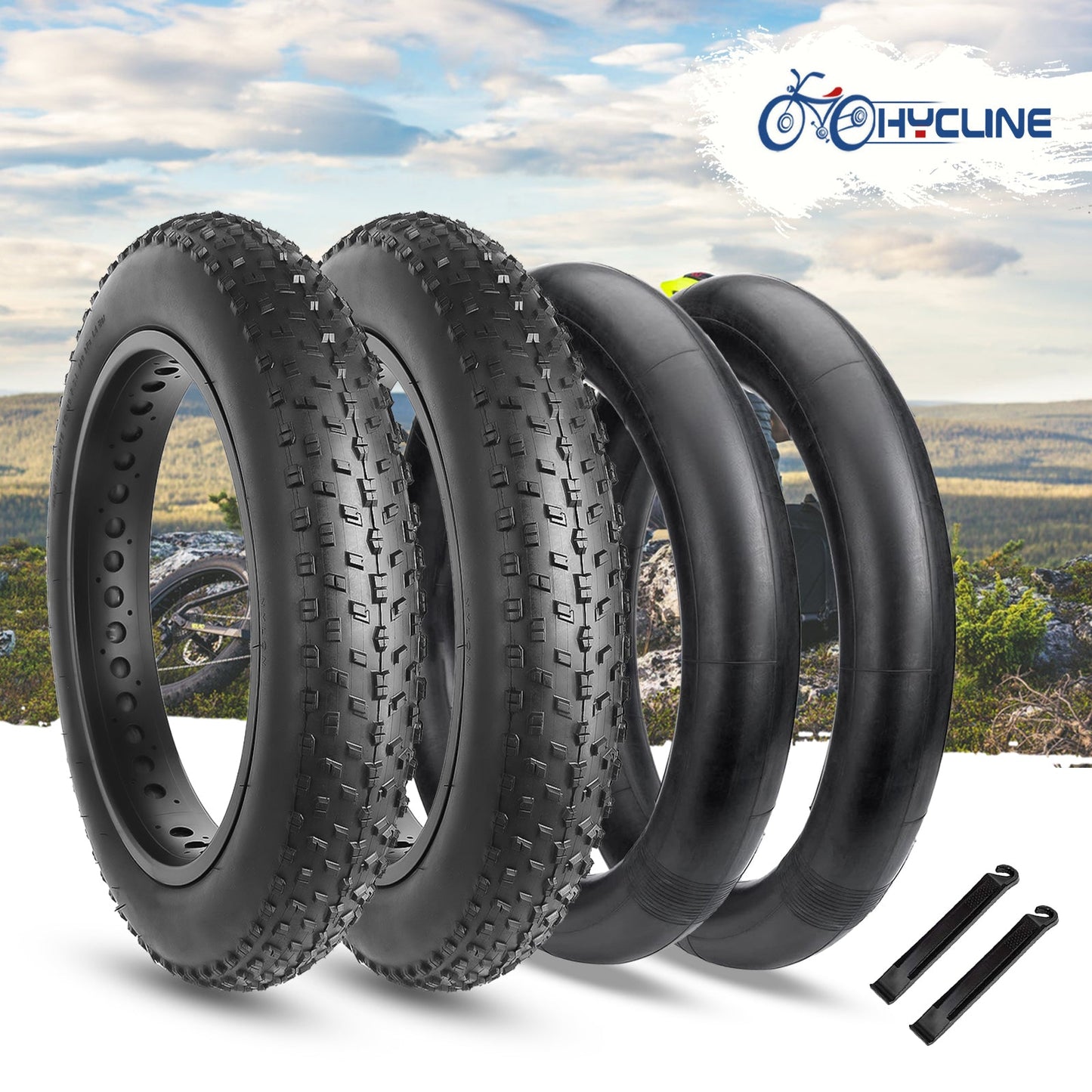 Hycline Raider fat bike and e-bike tire with tube kit, rugged tread pattern for off-road cycling and enhanced durability.