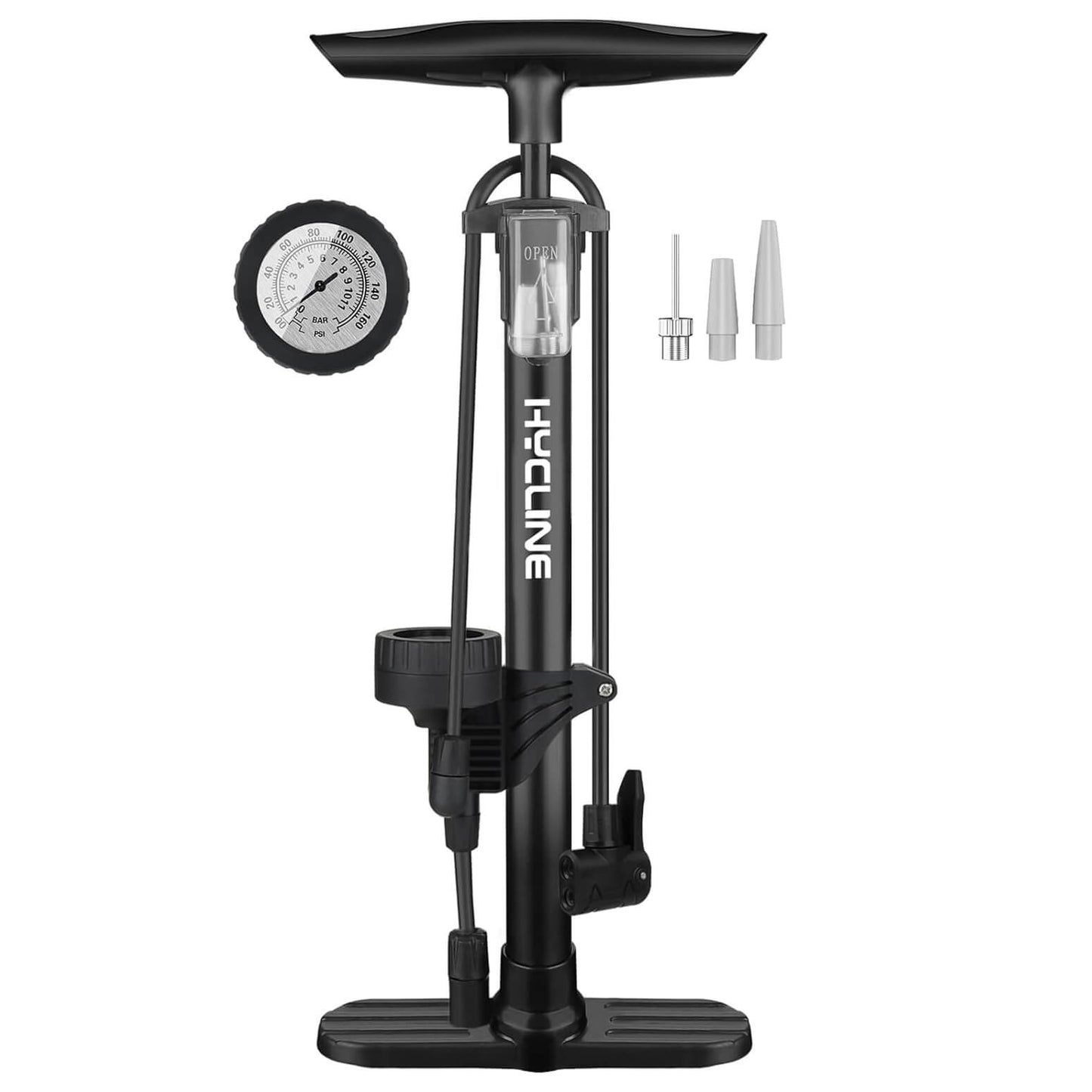 Hycline Basic-UP bicycle pump in black, compact hand-held bike pump for inflating bicycle tires, featuring a durable design.