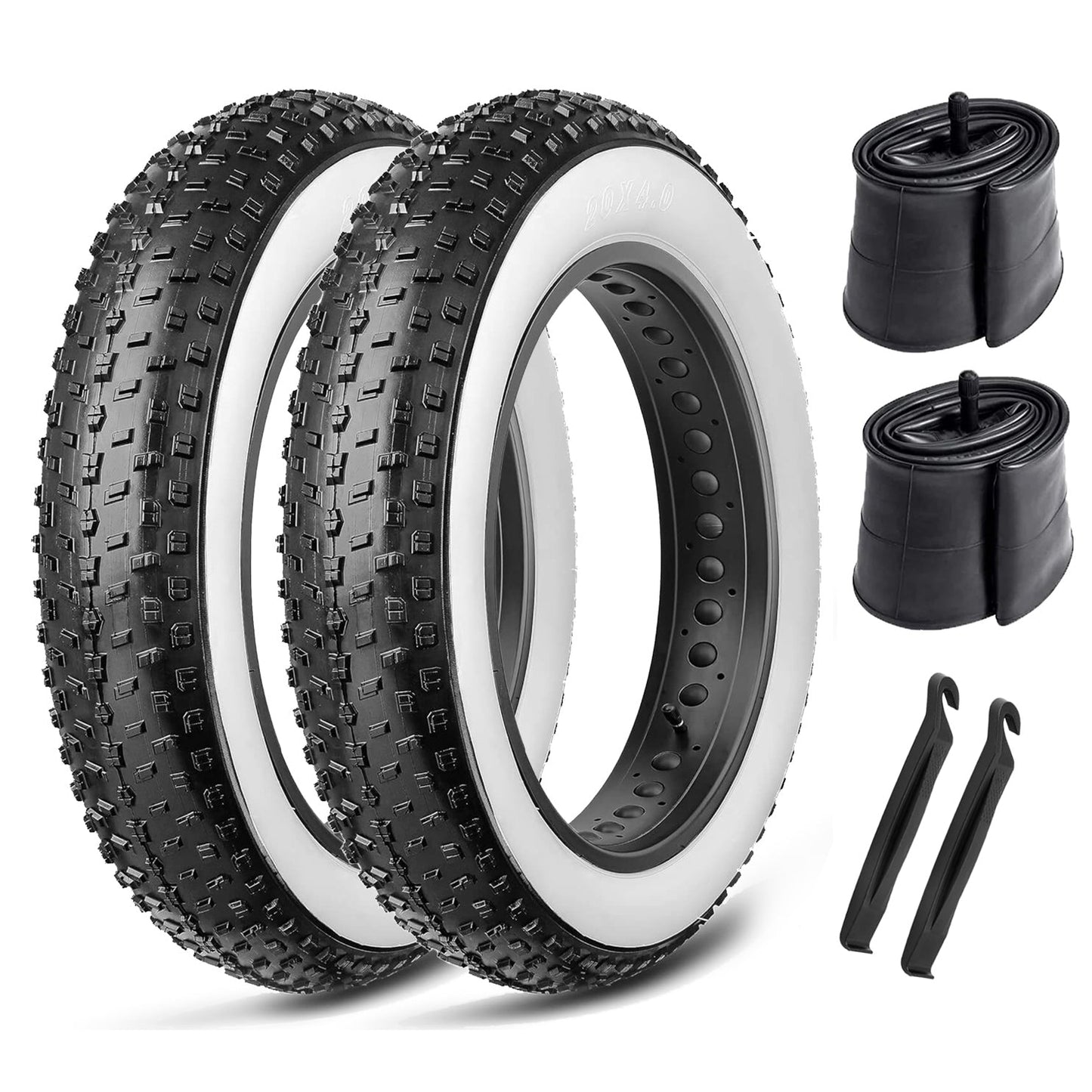 Hycline Raider white-wall fat bike and e-bike tire with rugged tread, side view showing durable rubber and white sidewall detail.