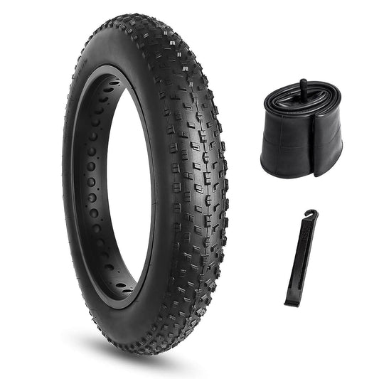Hycline Raider fat bike tire with tube, rugged e-bike tire featuring a textured tread pattern for off-road riding.