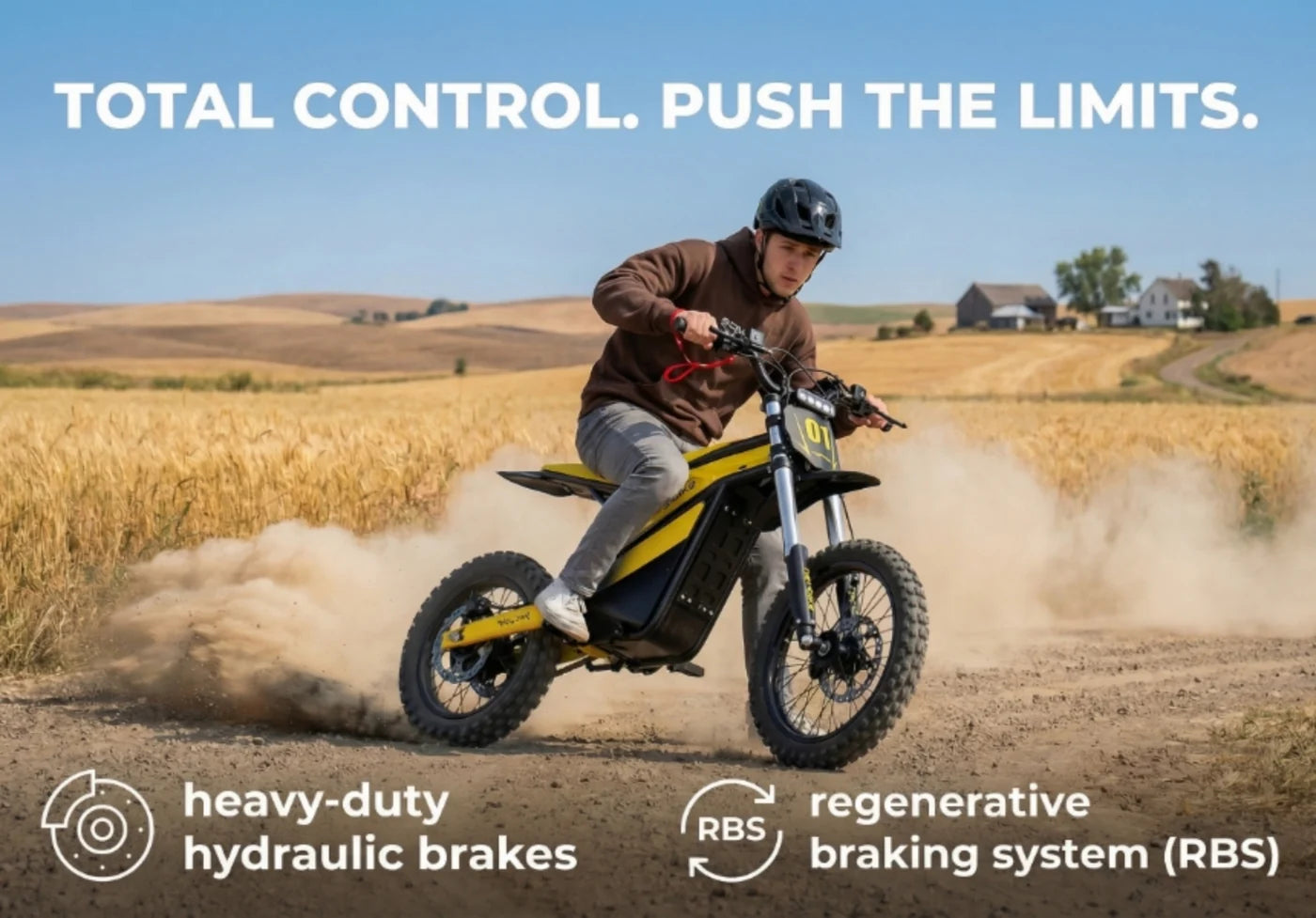 Heybike Villain electric dirt bike with mid-drive motor, showcasing its rugged design, 45 MPH speed, and 50-mile range on a trail.