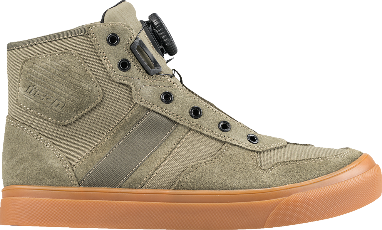ICON Dog Days Boots in olive, US 8, genuine leather with D3O® ankle inserts and BOA® lacing system for durable comfort.