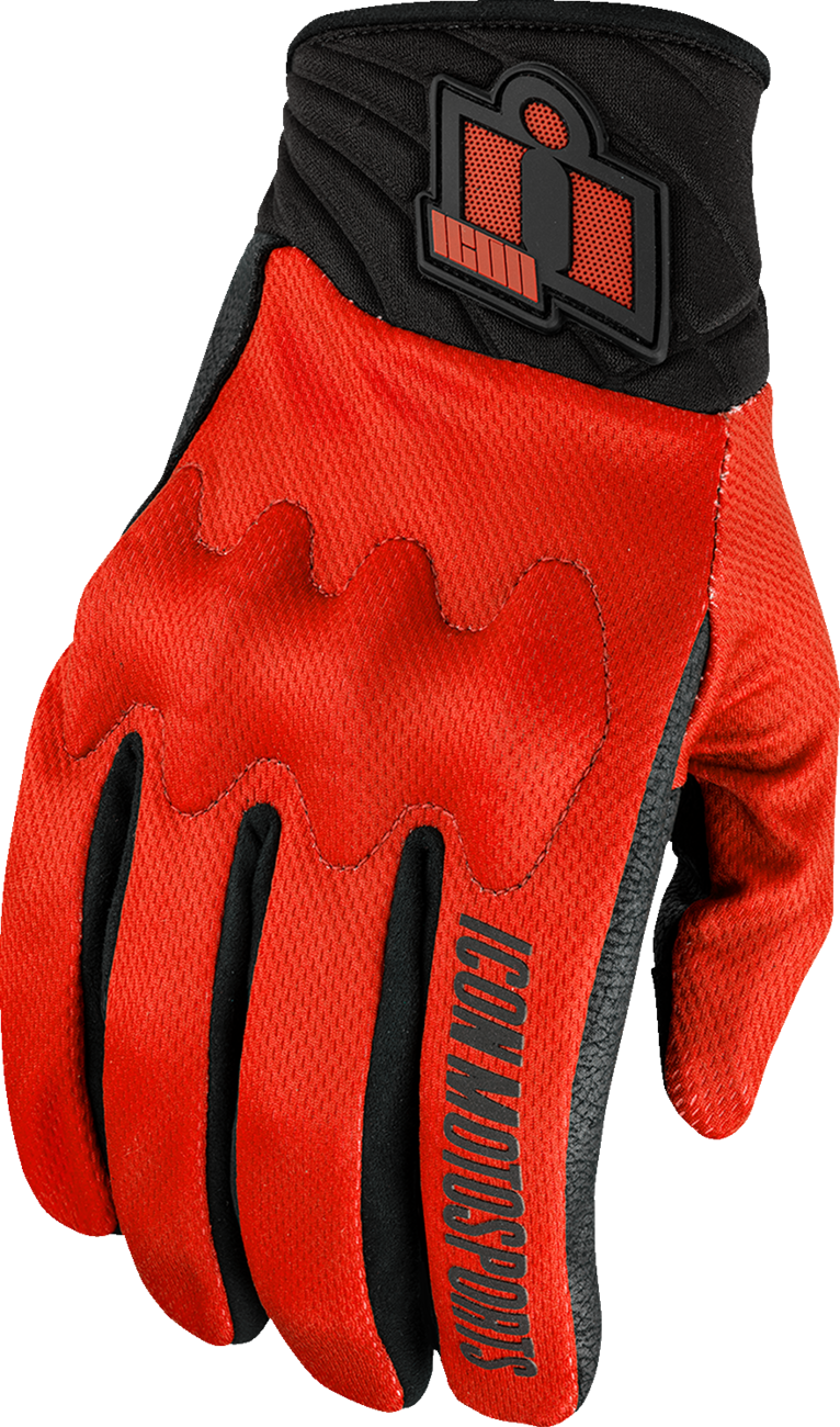 Red ICON Anthem3™ motorcycle gloves in small size with reinforced design and D3O® knuckle protection.
