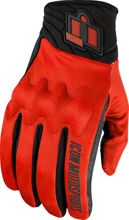 Red ICON Anthem3™ motorcycle gloves in small size with reinforced design and D3O® knuckle protection.