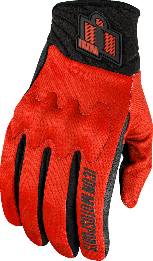 Red ICON Anthem3™ motorcycle gloves in small size with reinforced design and D3O® knuckle protection.