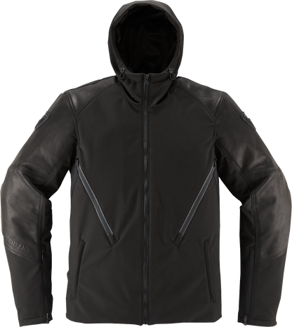 ICON Basehawk2™ Black Small motorcycle jacket with durable leather, softshell fabric, and impact protection for riding safety