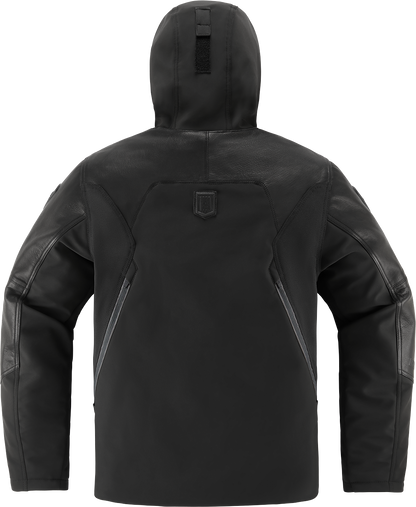 Black ICON Basehawk2™ motorcycle jacket with durable leather and softshell fabric, impact protection, in small size.