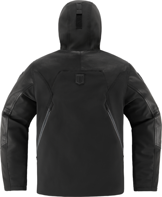 Black ICON Basehawk2™ motorcycle jacket with durable leather and softshell fabric, impact protection, in small size.