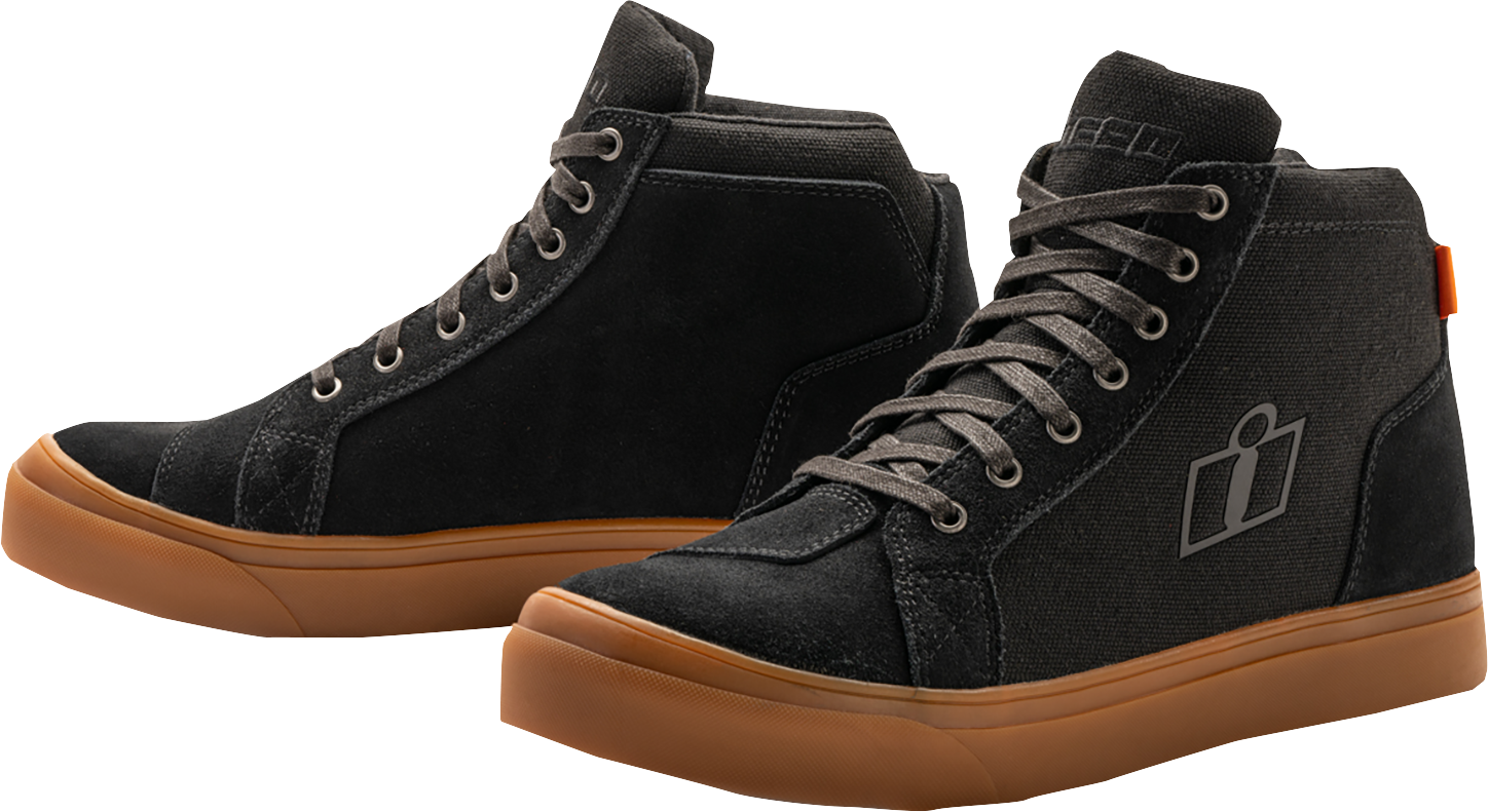 ICON Carga work boots in black leather, US 12 size, featuring D3O ankle inserts and oil-resistant outsole for durability and safety.