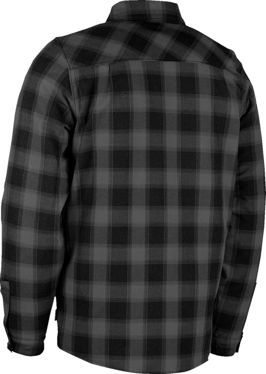 Black ICON Fallblock Flannel Jacket for men, motorcycle-inspired casual outerwear with rugged style and warm fabric.