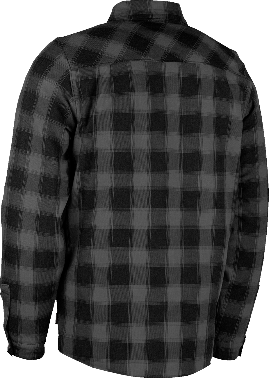 ICON Fallblock Flannel Jacket in black, 3XL, featuring motorcycle-inspired casual style with a button-up front and plaid pattern.