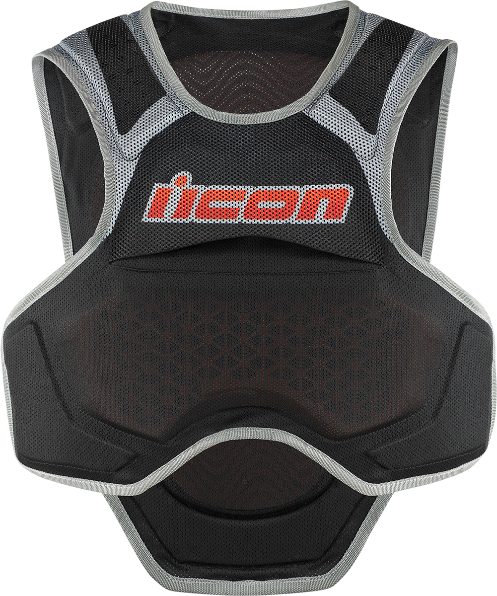 ICON Field Armor Softcore vest Megabolt in black, XL/2XL size, designed for motorcycle protection with durable armor and comfortable fit.