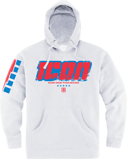 White ICON Intercept 84™ hoodie in large, made from 75% cotton and 25% polyester for a comfortable fit, shown on a plain background.