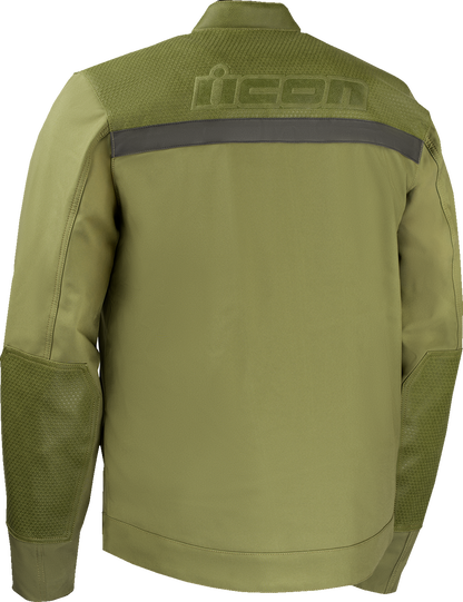Green ICON Midhawk™ motorcycle jacket with AirFly™ mesh panel and D3O® Viper back protector, shown on a mannequin.