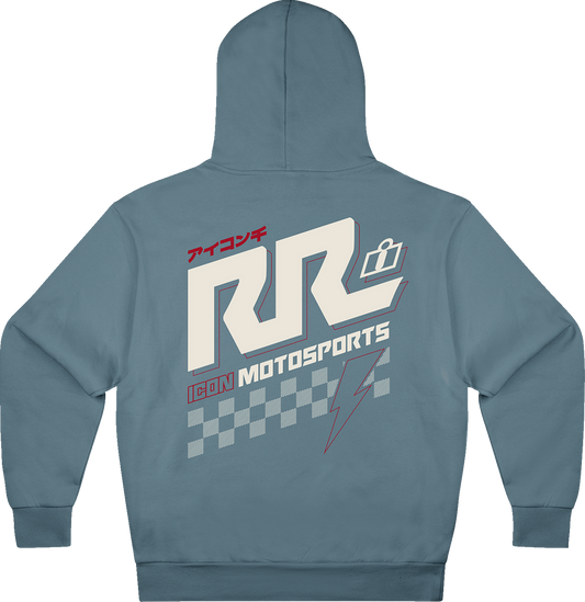 Blue ICON Rizz Rizz hoodie in small size, featuring the ICON logo on the front, casual streetwear style.