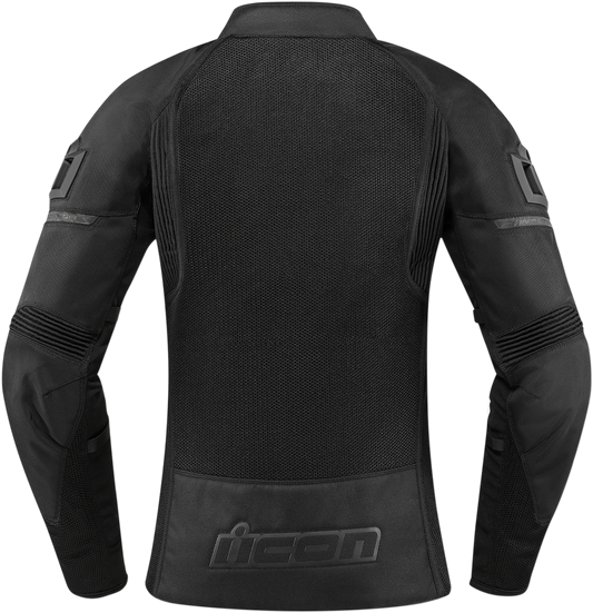 ICON Women's Contra2™ Stealth Motorcycle Jacket in 3XL, black with protective armor and sleek design, front view.