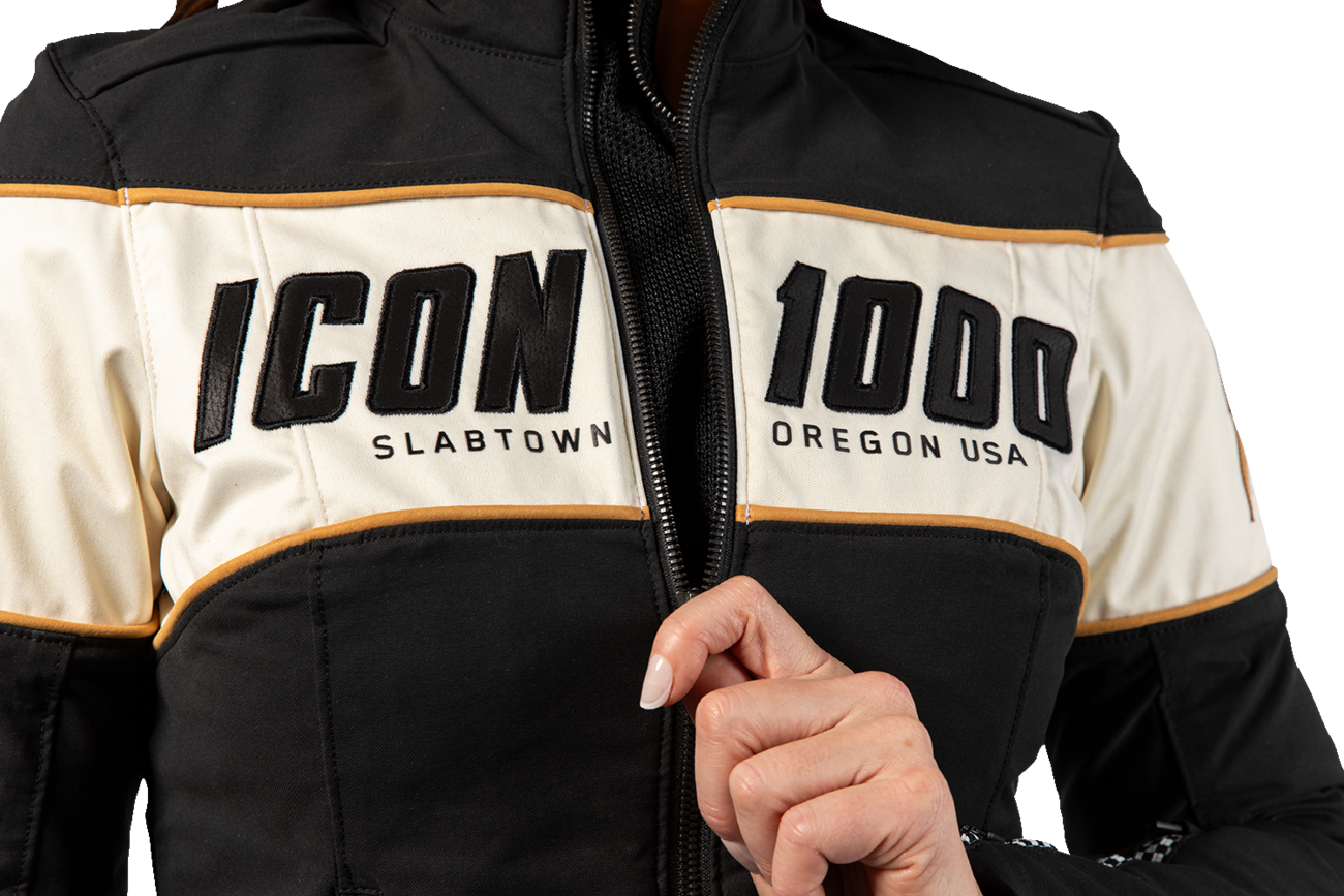 ICON Women's Hella 4™ motorcycle jacket in black, made of durable stretch cotton and nylon, with protective design details.