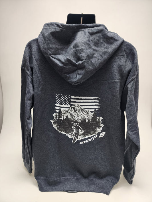 Warp9Racing Zip-Up Hoodie, gray apparel with front zipper and adjustable hood, casual wear by WarpWear.