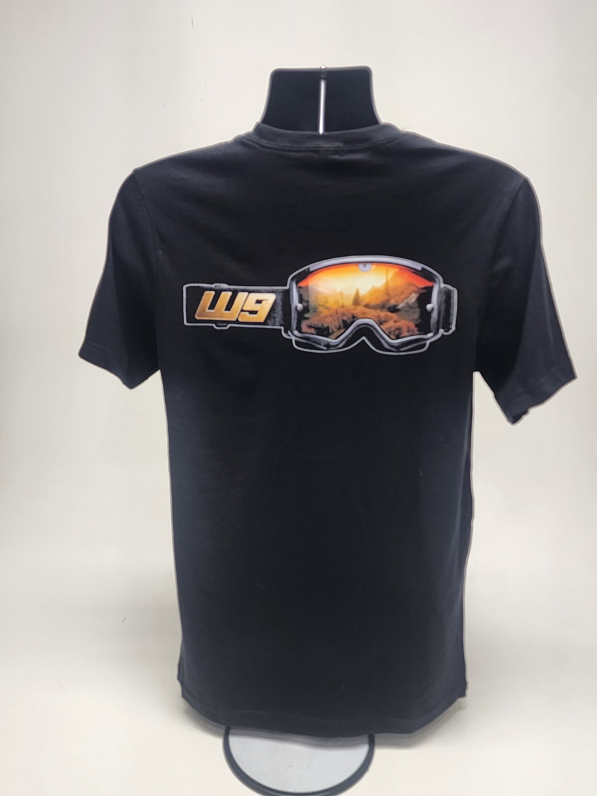 Warp9Racing short sleeve T-shirt, casual apparel with graphic design, in black with white accents, front view.