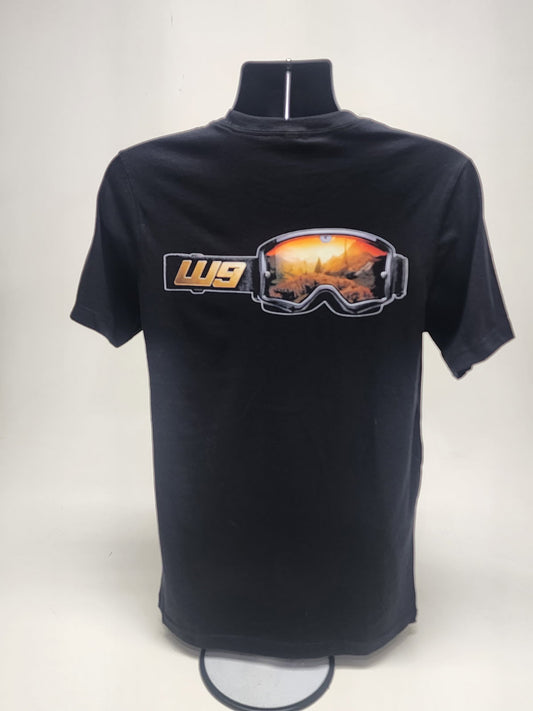 Warp9Racing short sleeve T-shirt, casual apparel with graphic design, in black with white accents, front view.