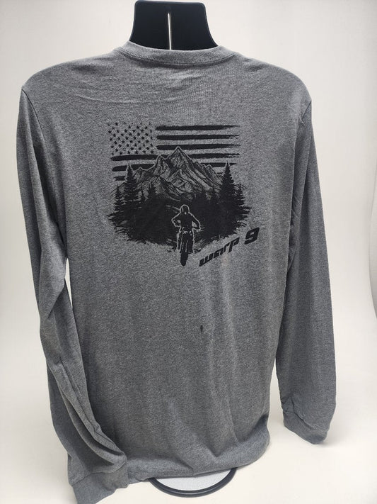 Warp9Racing Gray Long Sleeve Mountain Shirt, stylish outdoor apparel with a comfortable fit and mountain-inspired design.
