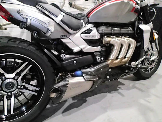 Bill's Exhausts titanium slip-on mufflers for Vandemon Triumph Rocket 3R & GT 2019-25, in stealth finish, open box, in stock.