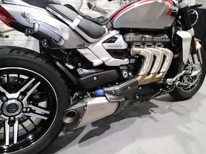 Bill's Exhausts titanium slip-on mufflers for Vandemon Triumph Rocket 3R & GT 2019-25, in stealth finish, open box, in stock.
