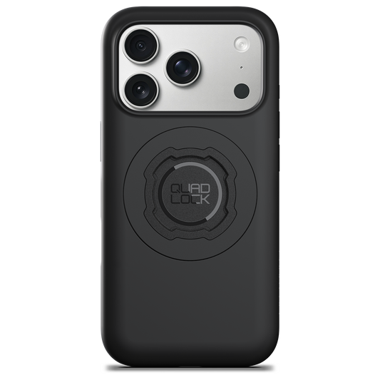 Quad Lock Mag Case for iPhone 17 Pro by Bill's Exhausts, close-up of black protective case with magnetic mount system.