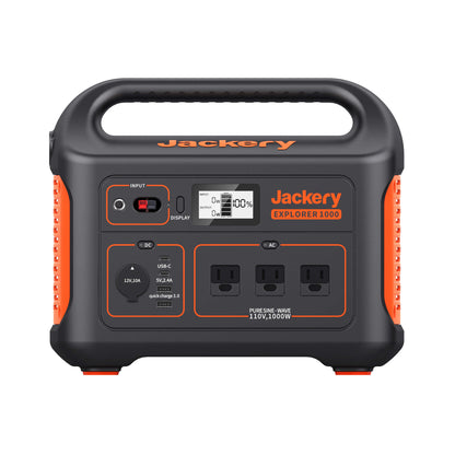Refurbished Jackery Explorer 1000 portable power station with multiple outlets and USB ports for outdoor and emergency use.