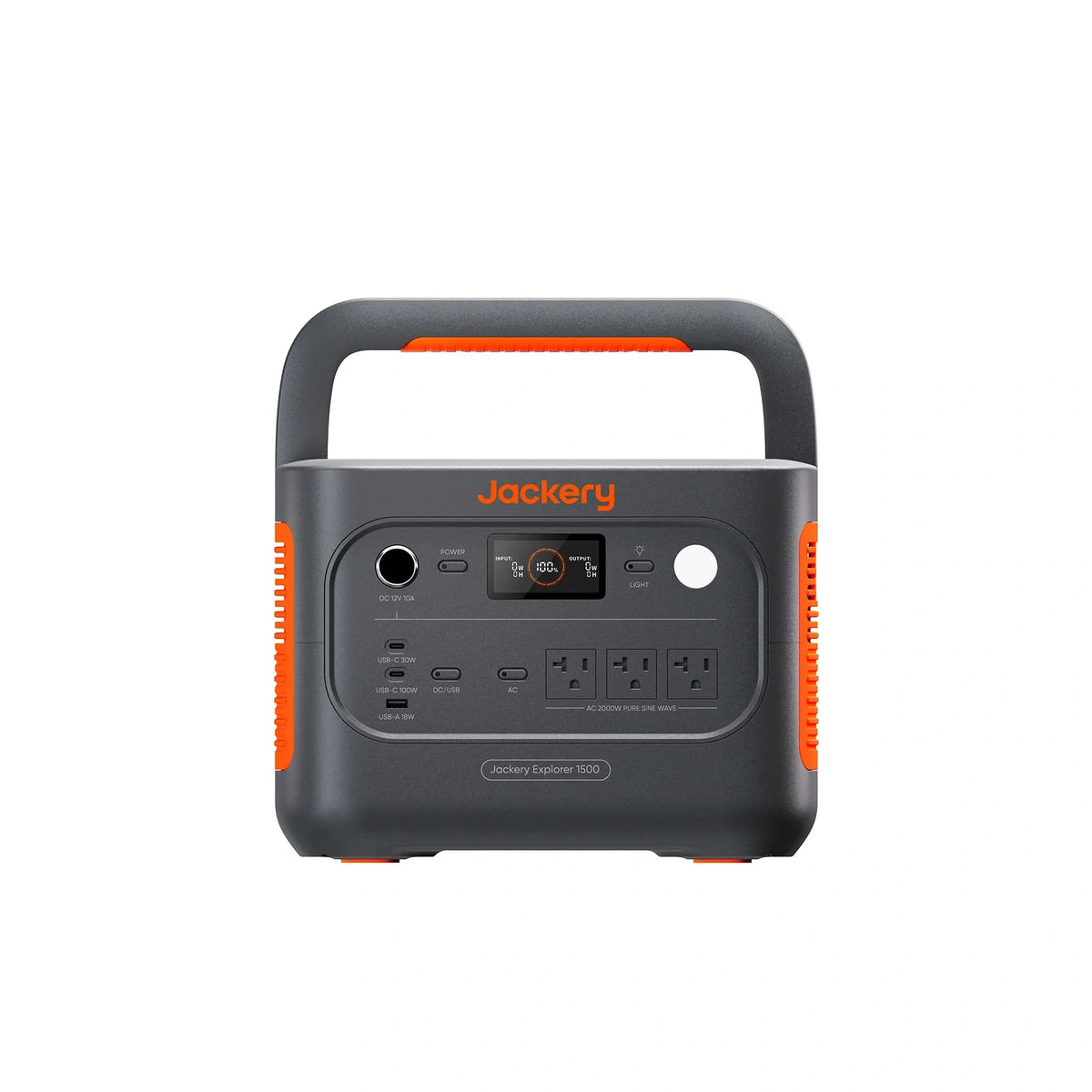 Jackery Explorer 1500 v2 portable power station with multiple outlets and digital display, set on a wooden surface.