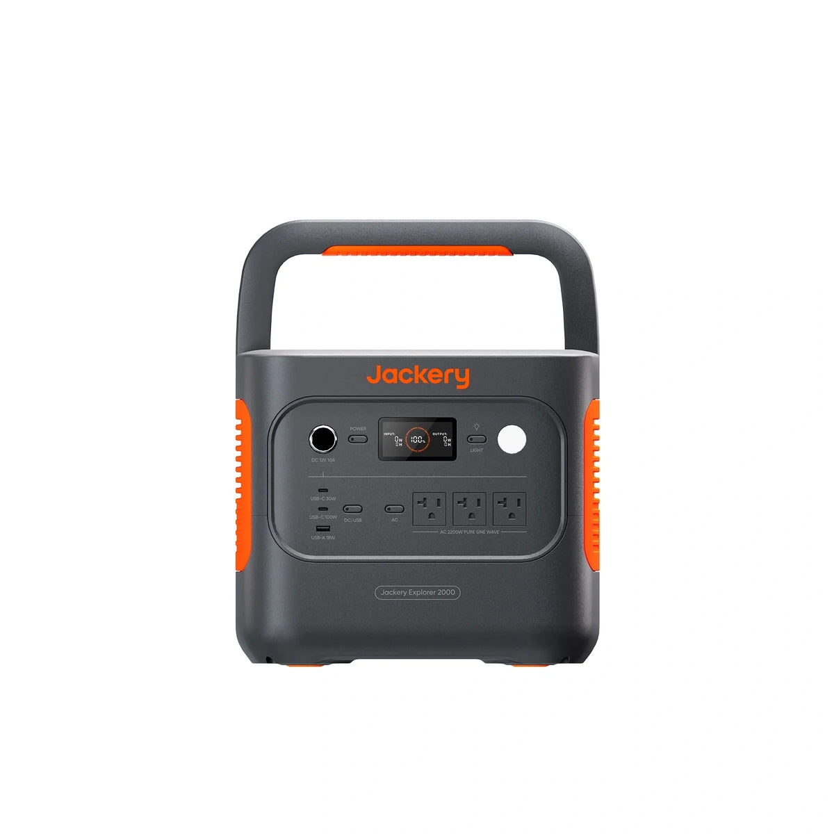 Jackery Explorer 2000 V2 portable power station with multiple outlets and digital display, used for backup and outdoor power needs.