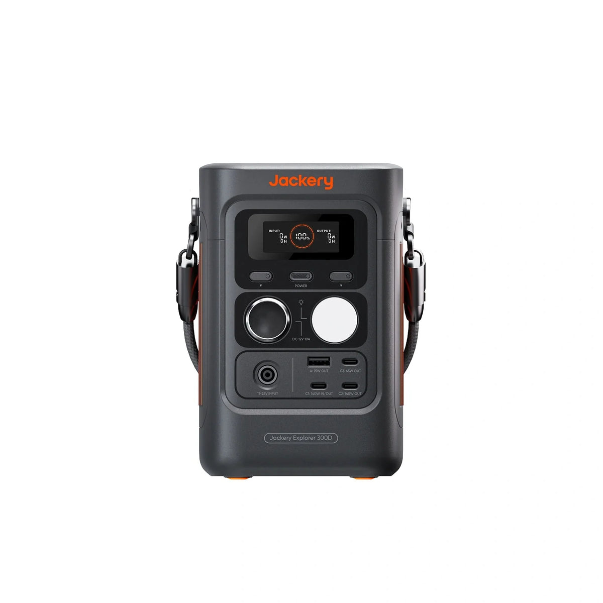 Jackery Explorer 300D portable power station with multiple outlets and digital display, outdoor portable power solution.