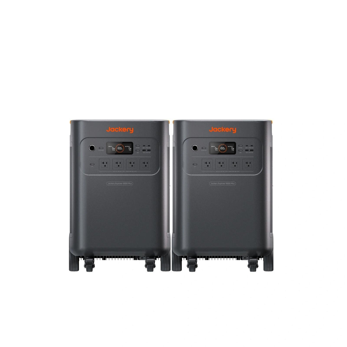 Jackery Explorer 5000 Plus Double Kit with two portable solar power stations and multiple charging ports, set against a neutral background.