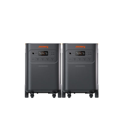 Jackery Explorer 5000 Plus Double Kit with two portable solar power stations and multiple charging ports, set against a neutral background.